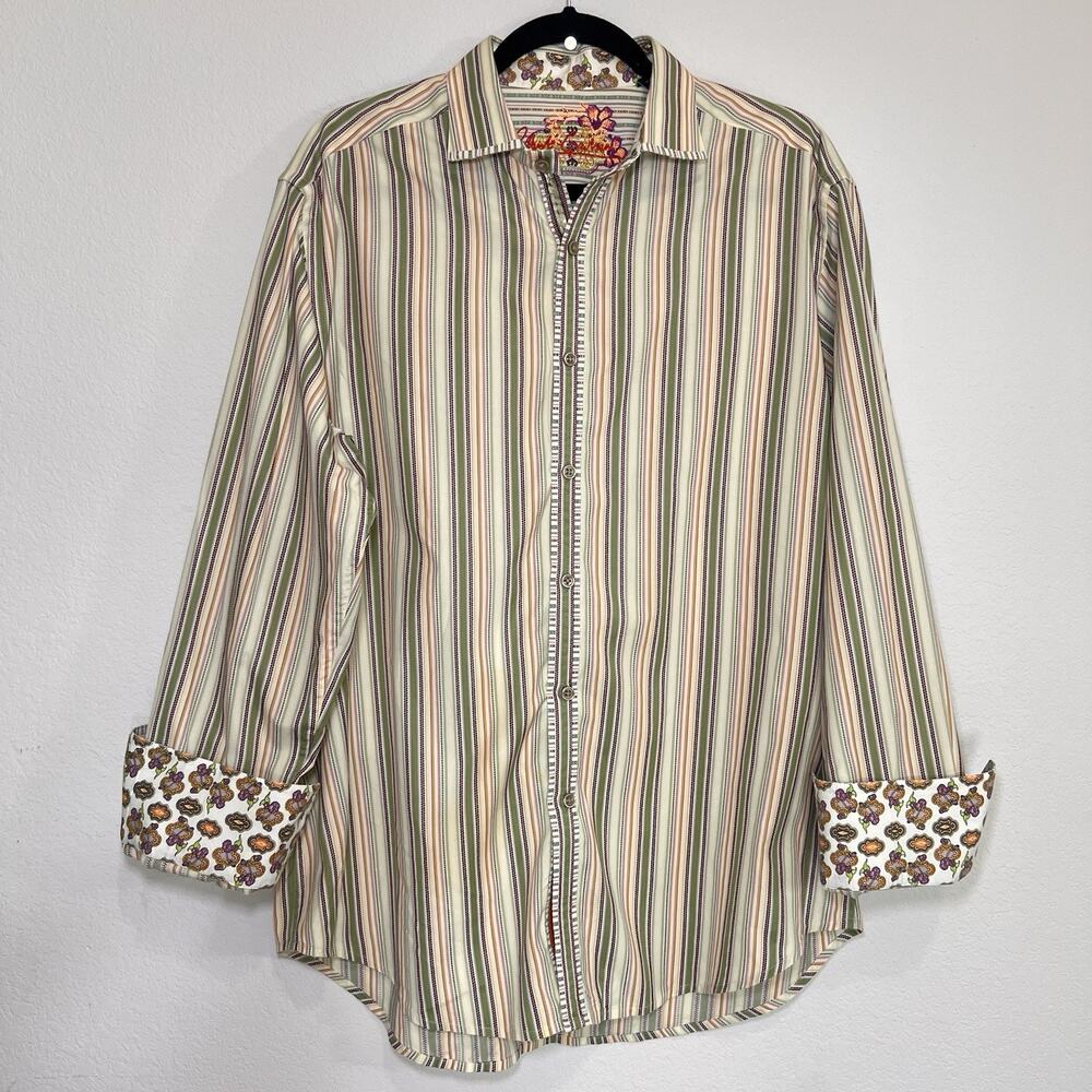 Robert Graham Shirt Mens Size L Purple Green Beige Stripe Long Sleeve Flip Cuff